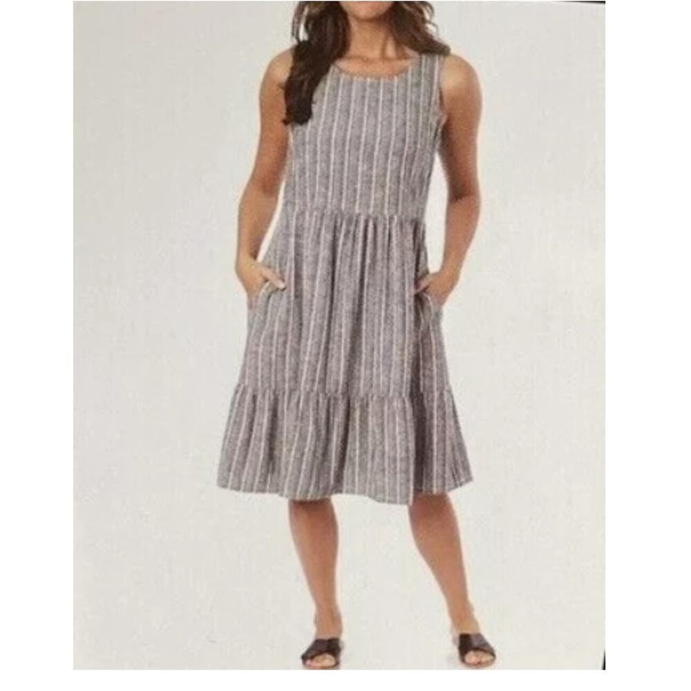 Briggs Linen Blend Tiered Dress Size 3X‎ Striped Sleeveless Pockets Black White